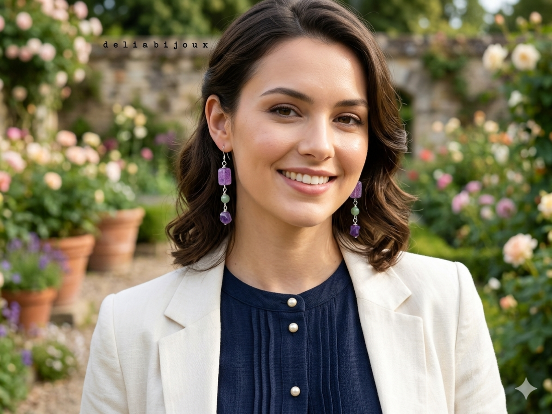 Cercei handmade - ametist fațetat, jad și tortițe din argint 925 (cod1407) - bijuterii - cercei - cercei din pietre semiprețioase - Artynos.ro