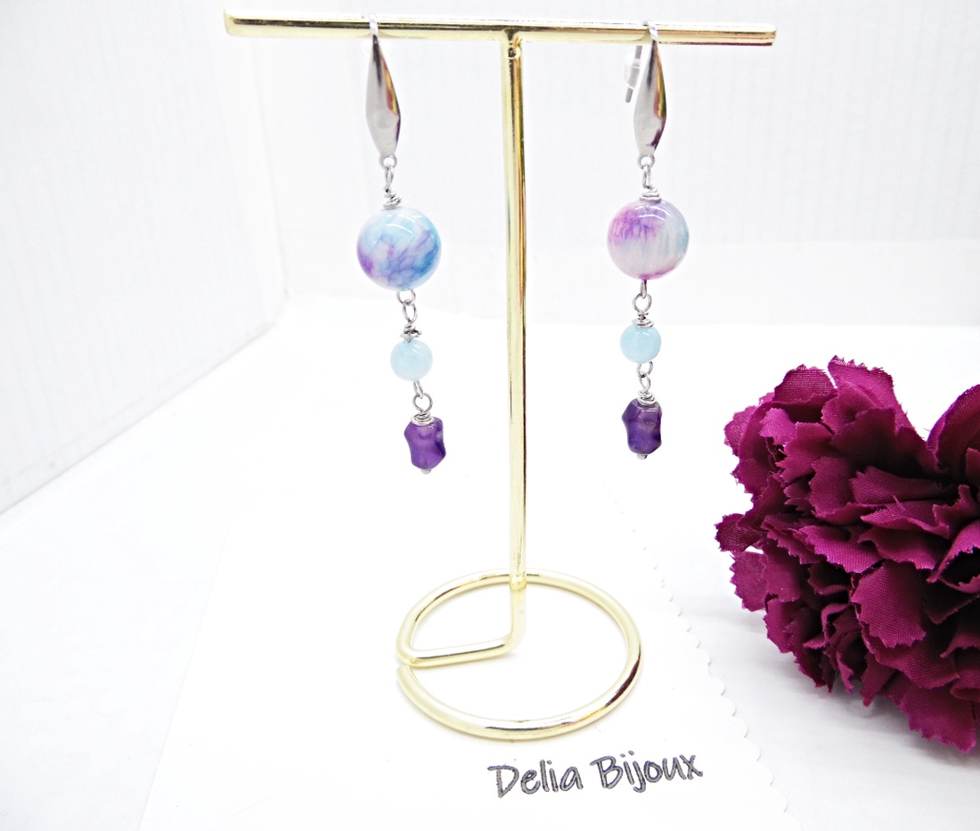 Cercei handmade lungi - Persian jad, angelit și ametist bijuterie cu pietre naturale (cod1408) - bijuterii - cercei - cercei din pietre semiprețioase - Artynos.ro