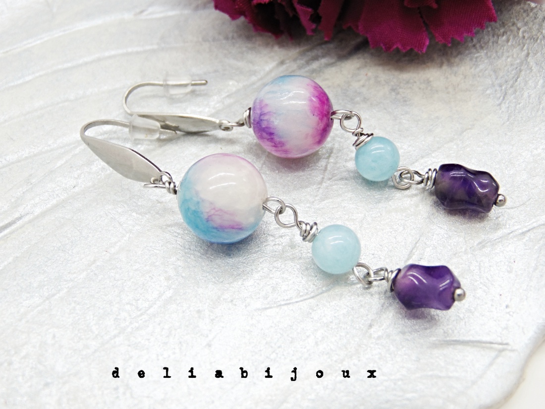 Cercei handmade lungi - Persian jad, angelit și ametist bijuterie cu pietre naturale (cod1408) - bijuterii - cercei - cercei din pietre semiprețioase - Artynos.ro