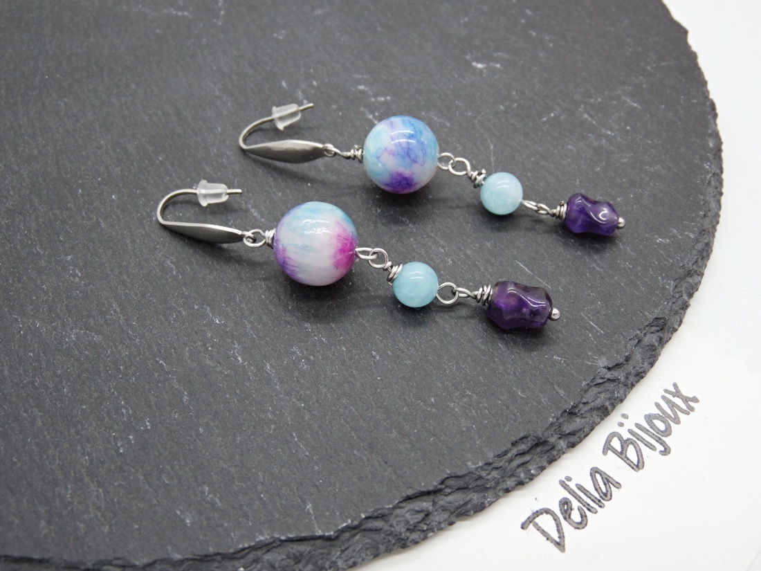 Cercei handmade lungi - Persian jad, angelit și ametist bijuterie cu pietre naturale (cod1408) - bijuterii - cercei - cercei din pietre semiprețioase - Artynos.ro