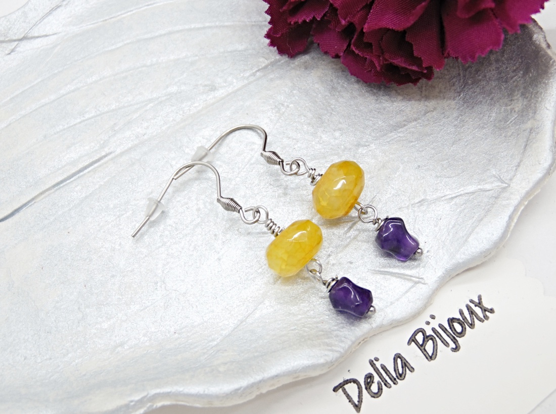 Cercei handmade eleganți - agat galben fațetat și ametist free form - bijuterie cu pietre naturale (cod1409) - bijuterii - cercei - cercei din pietre semiprețioase - Artynos.ro