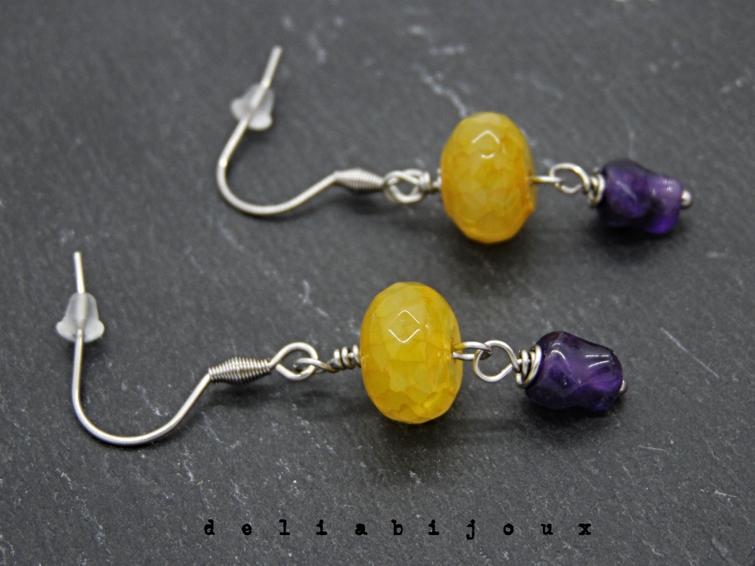 Cercei handmade eleganți - agat galben fațetat și ametist free form - bijuterie cu pietre naturale (cod1409) - bijuterii - cercei - cercei din pietre semiprețioase - Artynos.ro