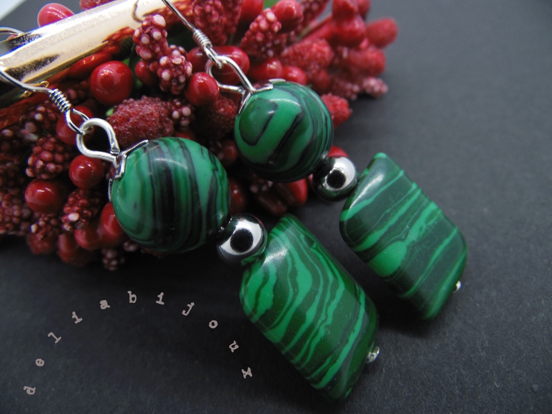 Cercei malachit de sinteza, tortite argint (cod610) - bijuterii - cercei - cercei din pietre semiprețioase - Artynos.ro