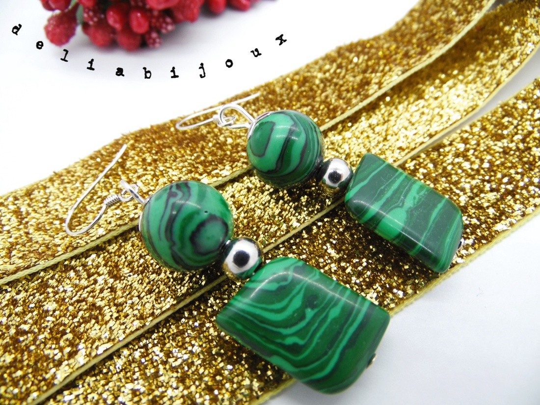 Cercei malachit de sinteza, tortite argint (cod610) - bijuterii - cercei - cercei din pietre semiprețioase - Artynos.ro