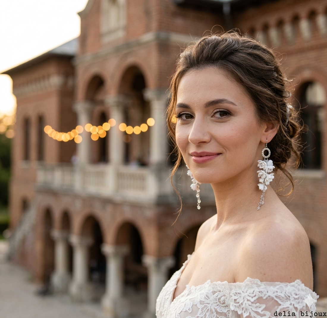 Cercei lungi handmade unicat cu flori si cristale - Ideali pentru nunta, botez, cununie (cod1300) - bijuterii - cercei - cercei lungi - Artynos.ro