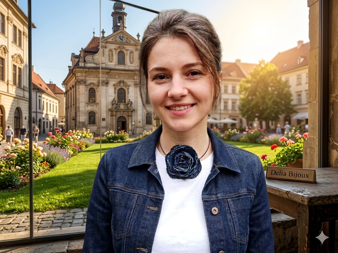 Colier handmade cu floare din denim (blugi) reciclat bijuterie unicat eco-friendly (cod1411) - bijuterii - coliere - coliere cu pandative - Artynos.ro