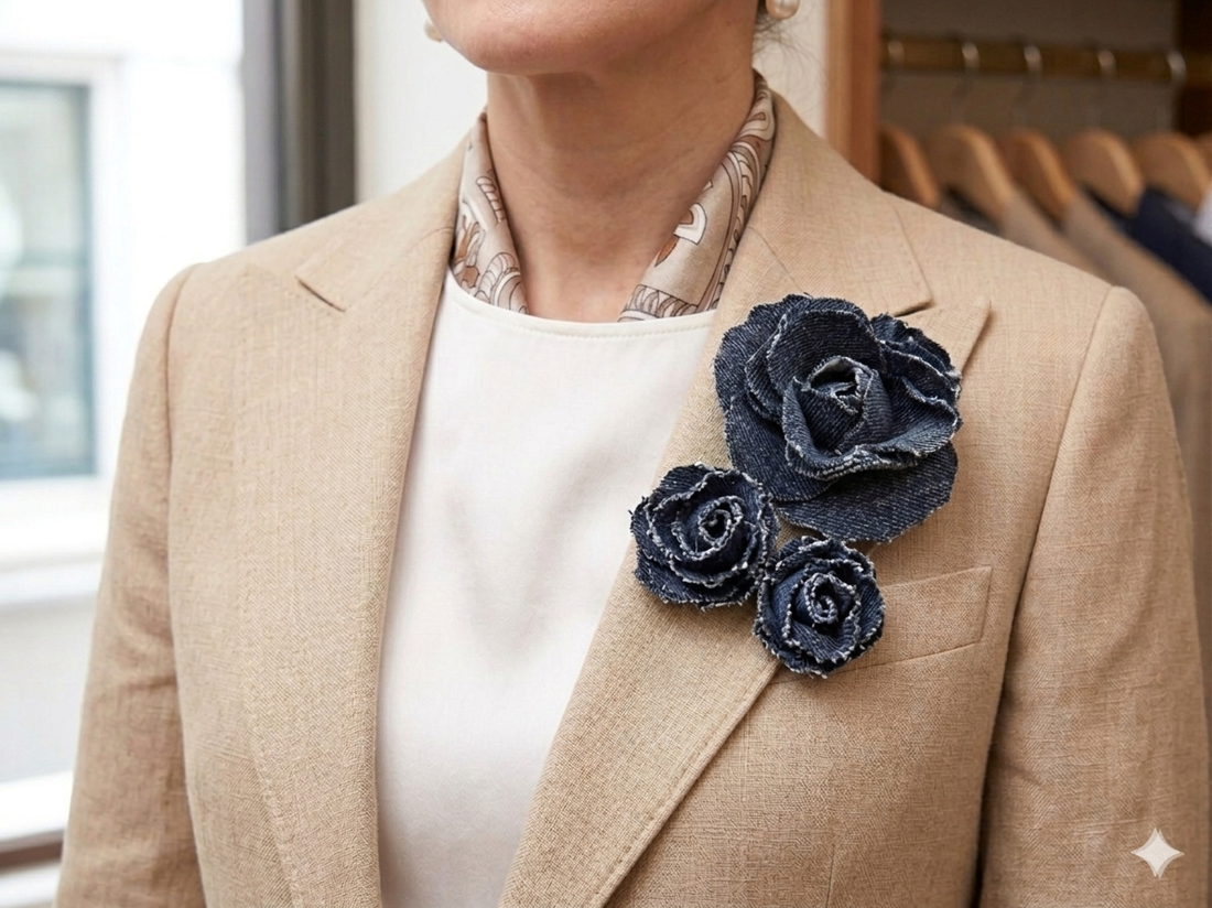 Broșe florale - din blugi reciclați (cod1413) - bijuterii - broșe - Artynos.ro