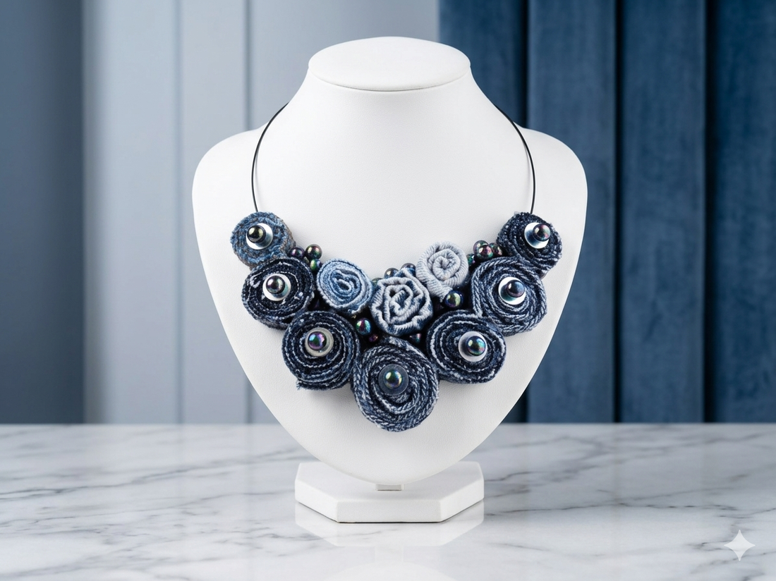 Colier Statement Handmade din Blugi Reciclați și Mărgele Irisate Unicat, Stil Urban-Șic (cod1414) - bijuterii - coliere - coliere cu pandative - Artynos.ro