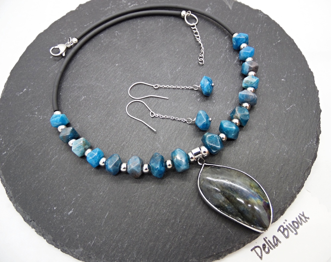 Set bijuterii cu apatit și labradorit colier statement si cercei eleganți (cod1415) - bijuterii - seturi de bijuterii - Artynos.ro