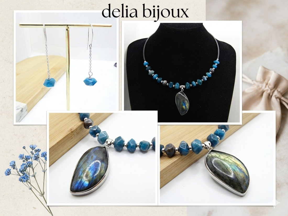 Set bijuterii cu apatit și labradorit colier statement si cercei eleganți (cod1415) - bijuterii - seturi de bijuterii - Artynos.ro