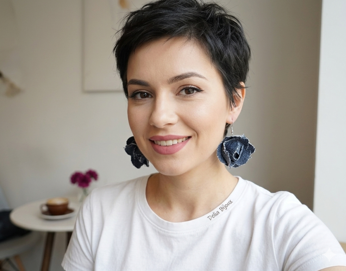 Cercei statement din blugi reciclat flori handmade (cod1417) - bijuterii - cercei - cercei lungi - Artynos.ro