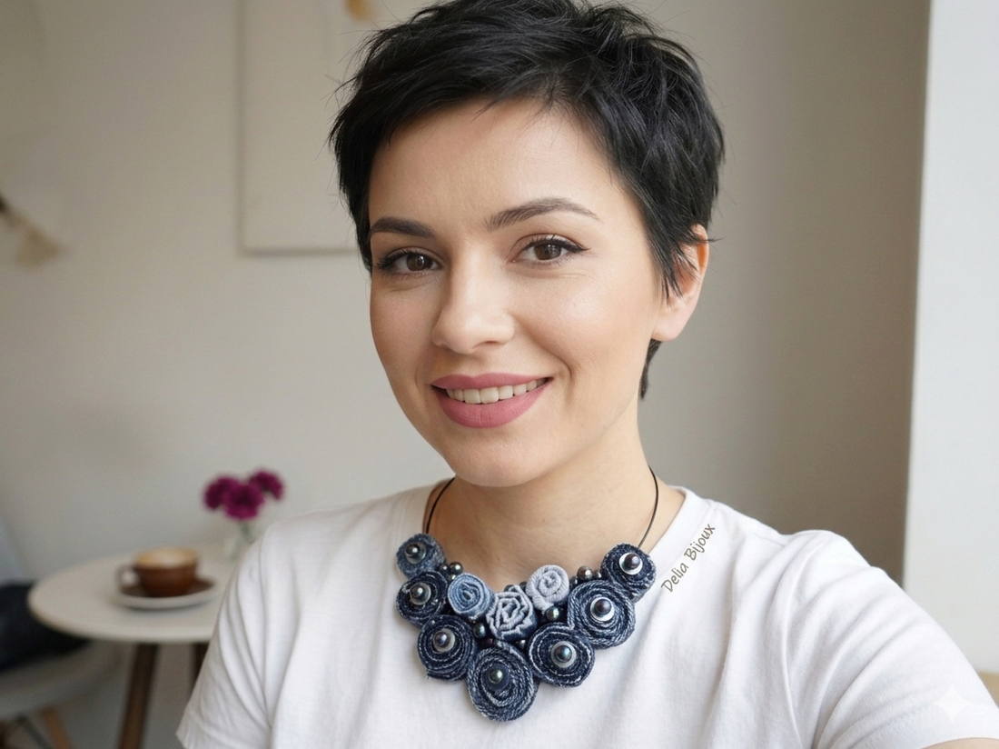 Colier Statement Handmade din Blugi Reciclați și Mărgele Irisate Unicat, Stil Urban-Șic (cod1414) - bijuterii - coliere - coliere cu pandative - Artynos.ro