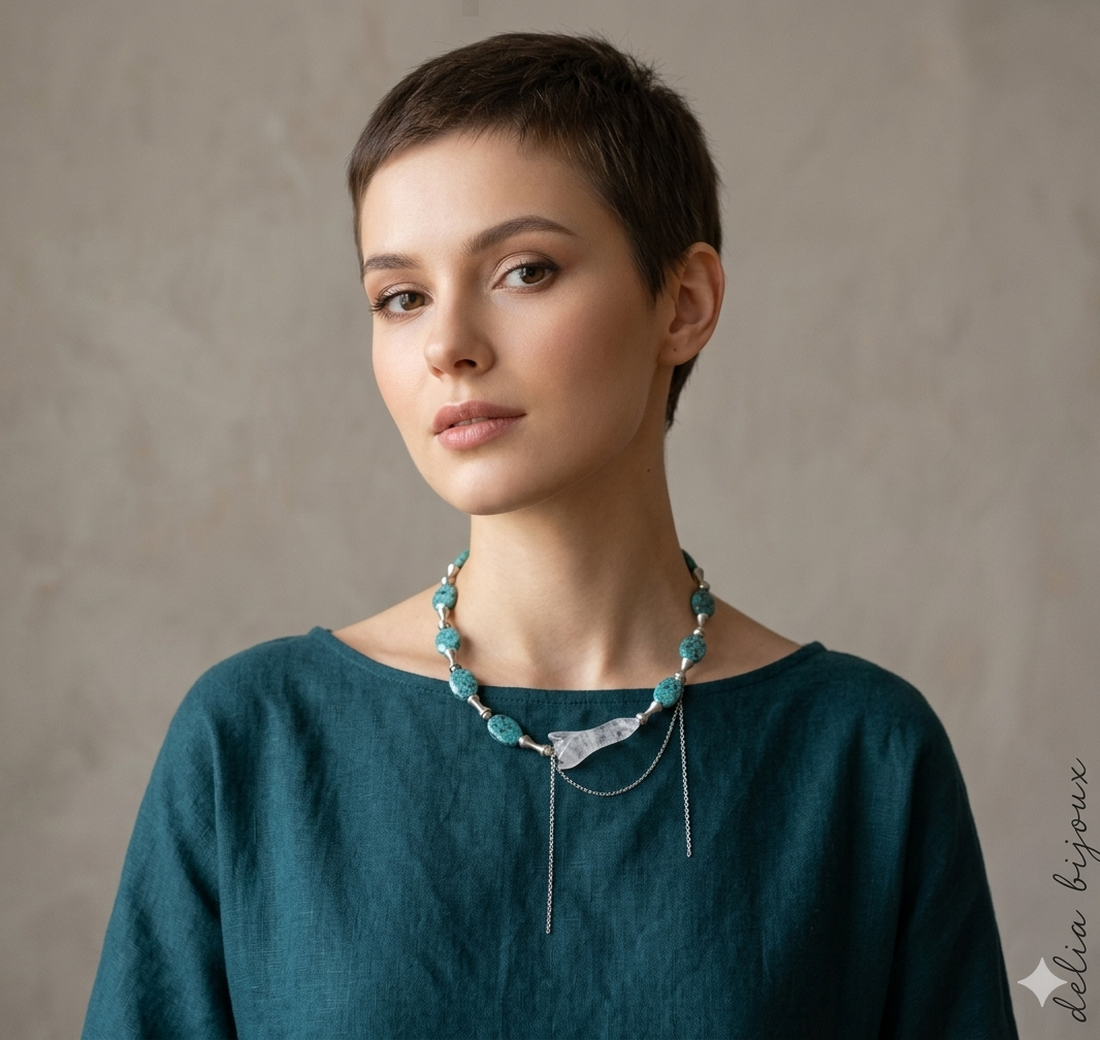 Colier Statement Blue Harmony Jasp Albastru și Cristal de Stâncă Asimetric (cod1418) - bijuterii - coliere - coliere din mărgele - Artynos.ro