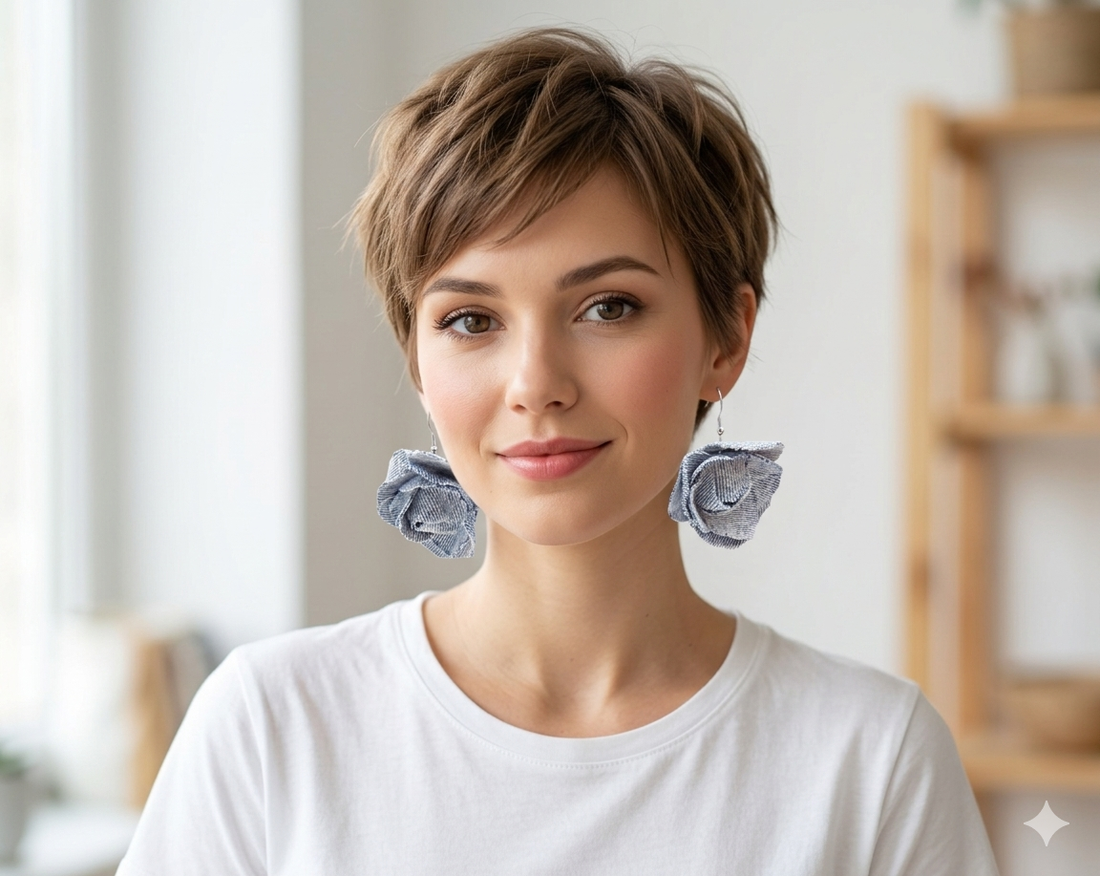 Cercei statement din blugi reciclat flori handmade (cod1421) - bijuterii - cercei - cercei lungi - Artynos.ro