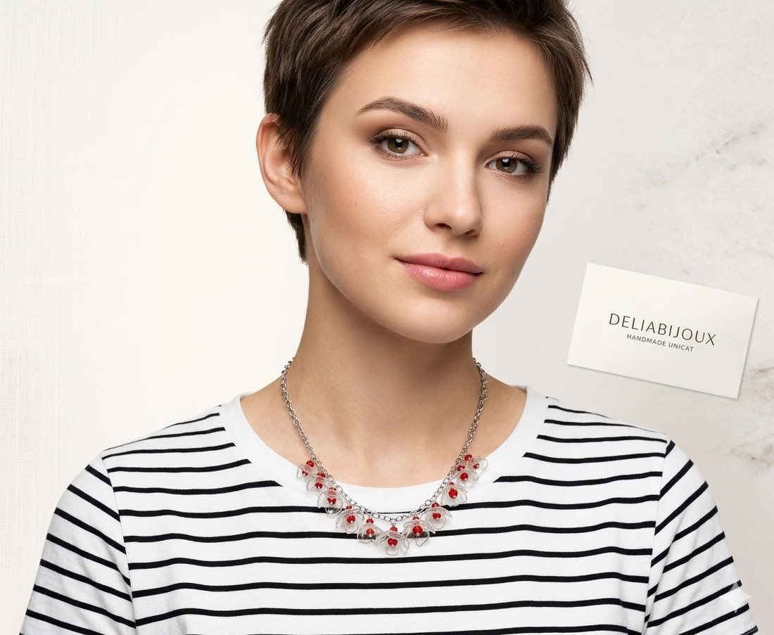 Colier statement unicat cu flori translucide și cristale (cod1319) - bijuterii - coliere - coliere cu pandative - Artynos.ro