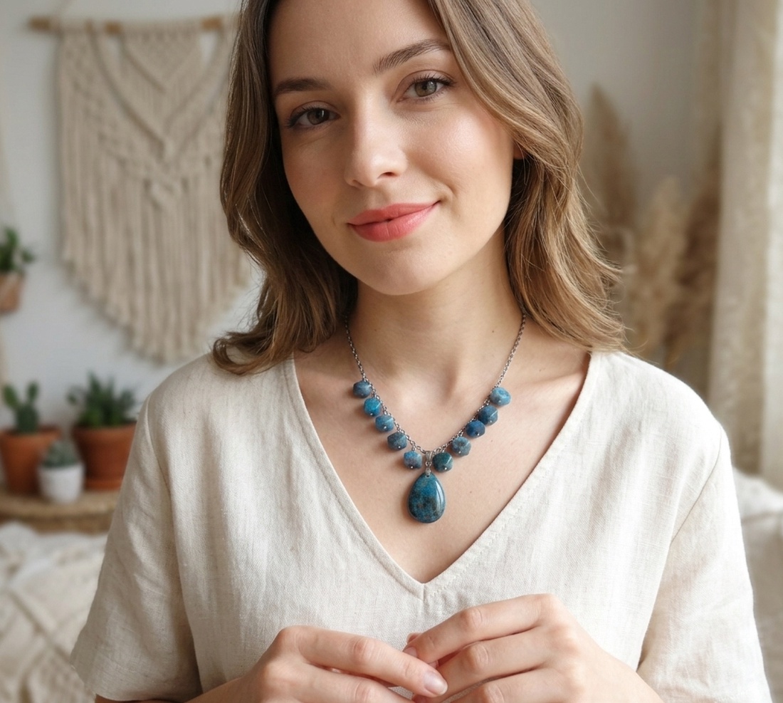 Colier statement din apatit natural - piesă unicat handmade (cod1422) - bijuterii - coliere - coliere din pietre semiprețioase - Artynos.ro