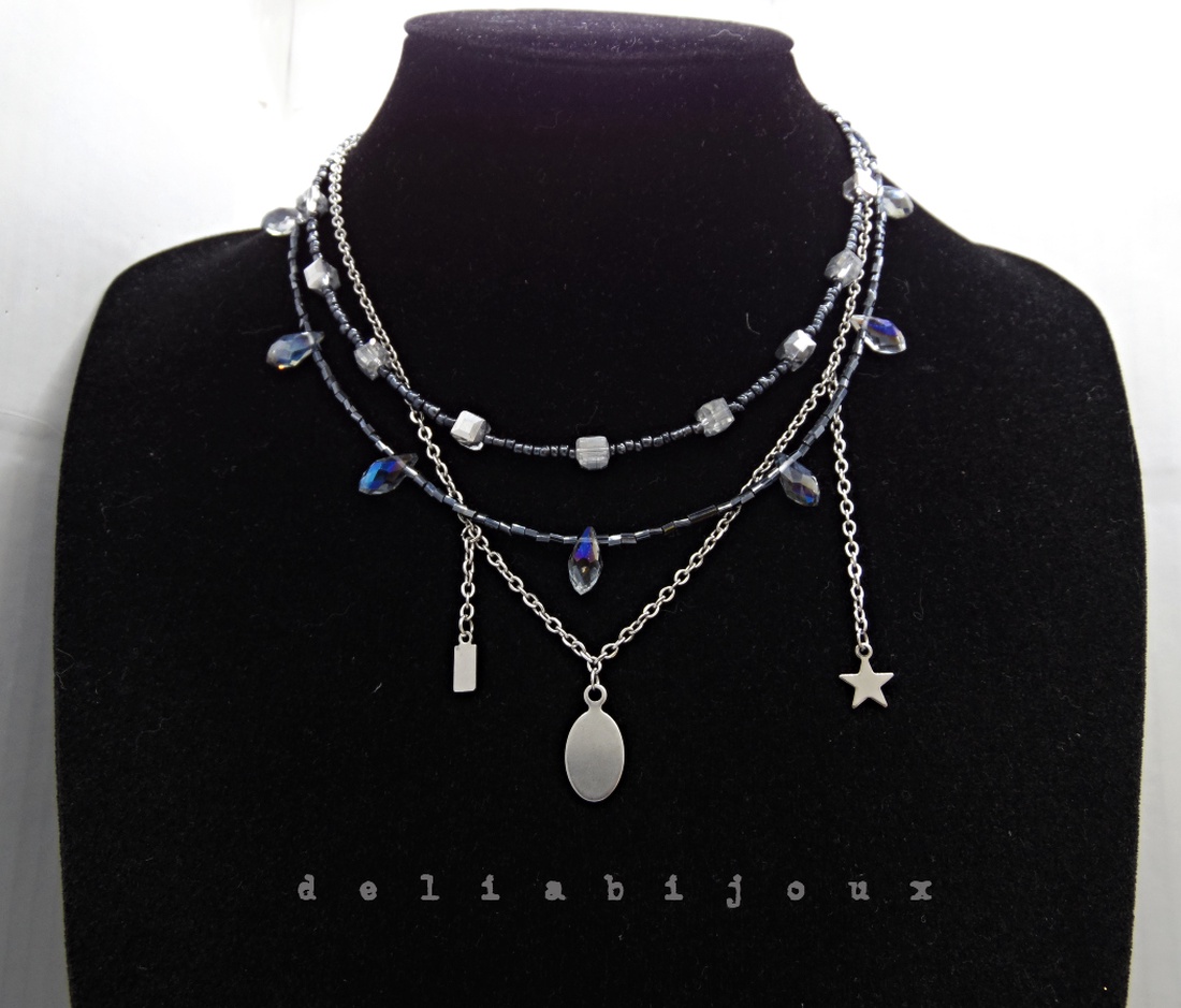 Colier multisirag cu cristale și lanț din inox statement modern minimalist (cod1424) - bijuterii - coliere - coliere din mărgele - Artynos.ro