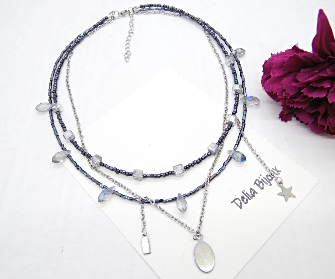 Colier multisirag cu cristale și lanț din inox statement modern minimalist (cod1424) - bijuterii - coliere - coliere din mărgele - Artynos.ro