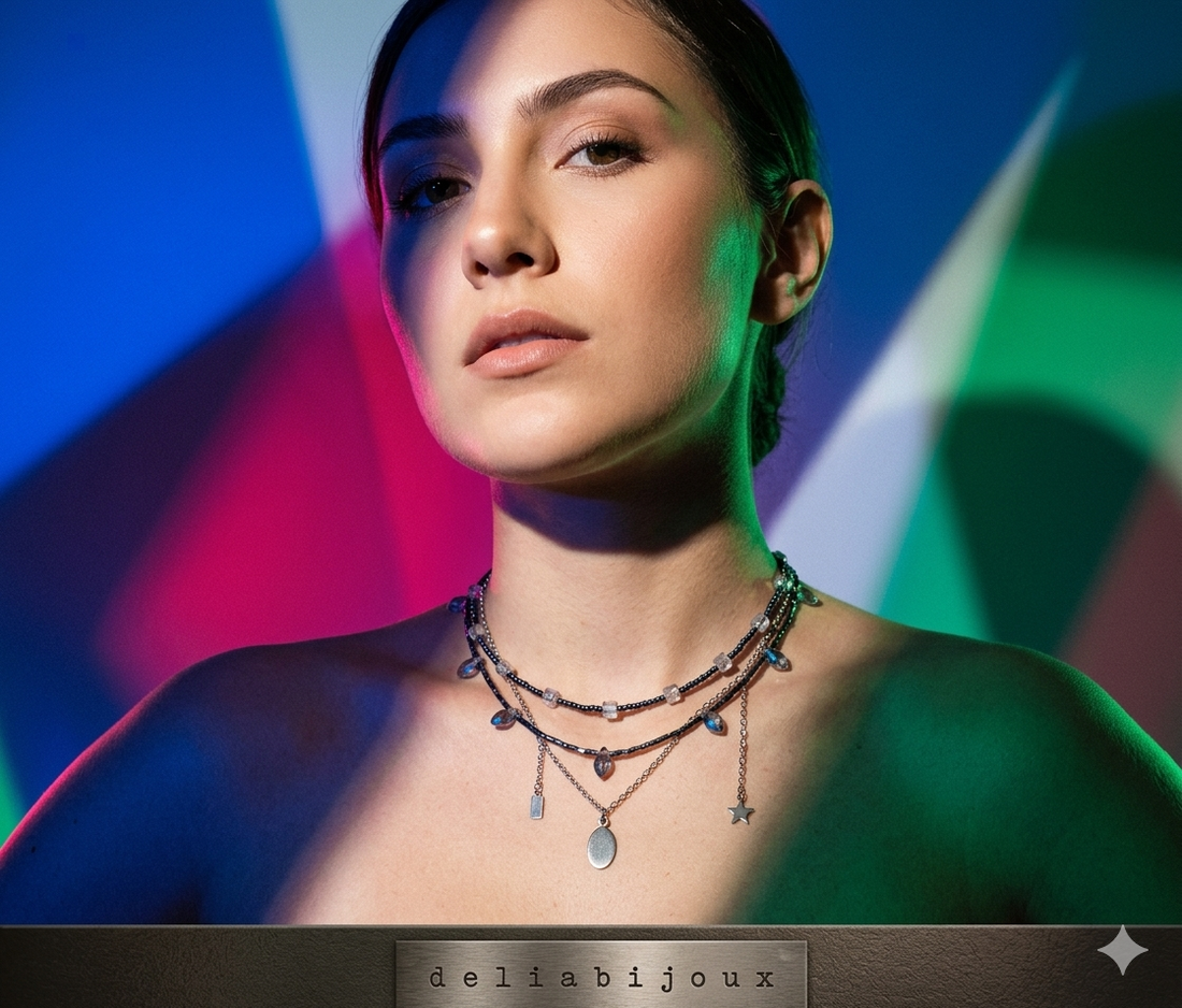 Colier multisirag cu cristale și lanț din inox statement modern minimalist (cod1424) - bijuterii - coliere - coliere din mărgele - Artynos.ro