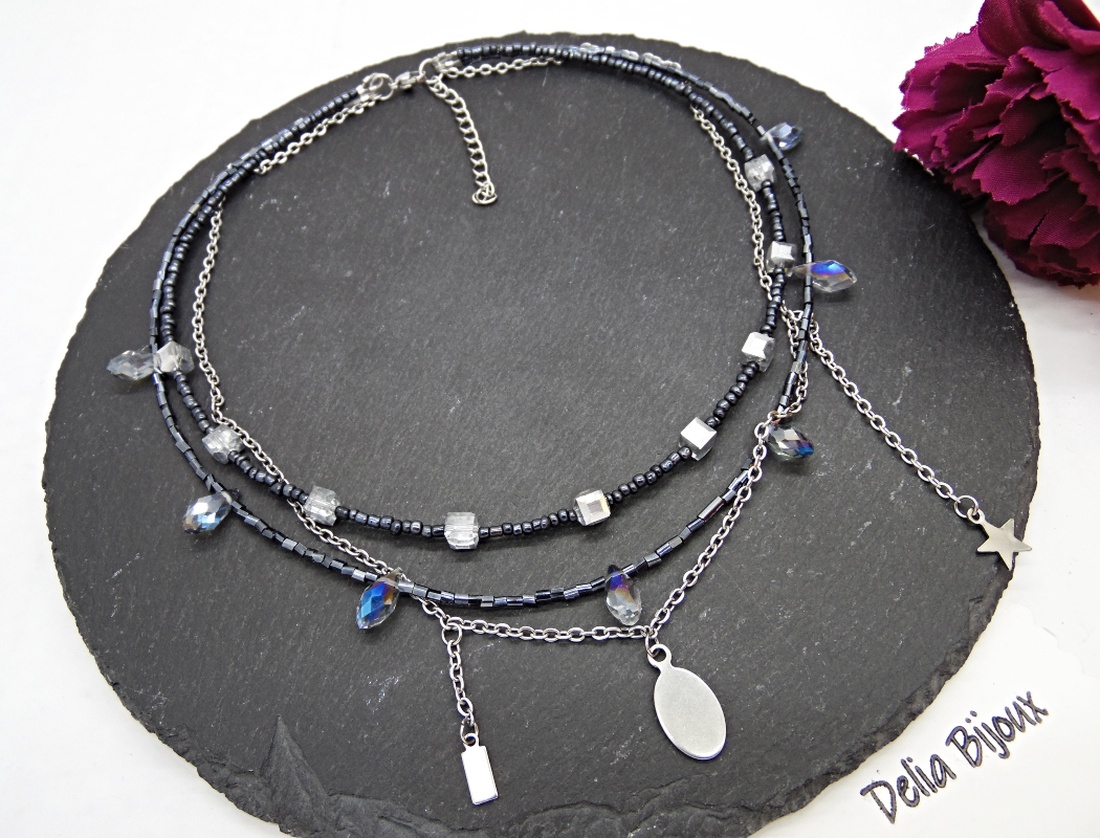 Colier multisirag cu cristale și lanț din inox statement modern minimalist (cod1424) - bijuterii - coliere - coliere din mărgele - Artynos.ro