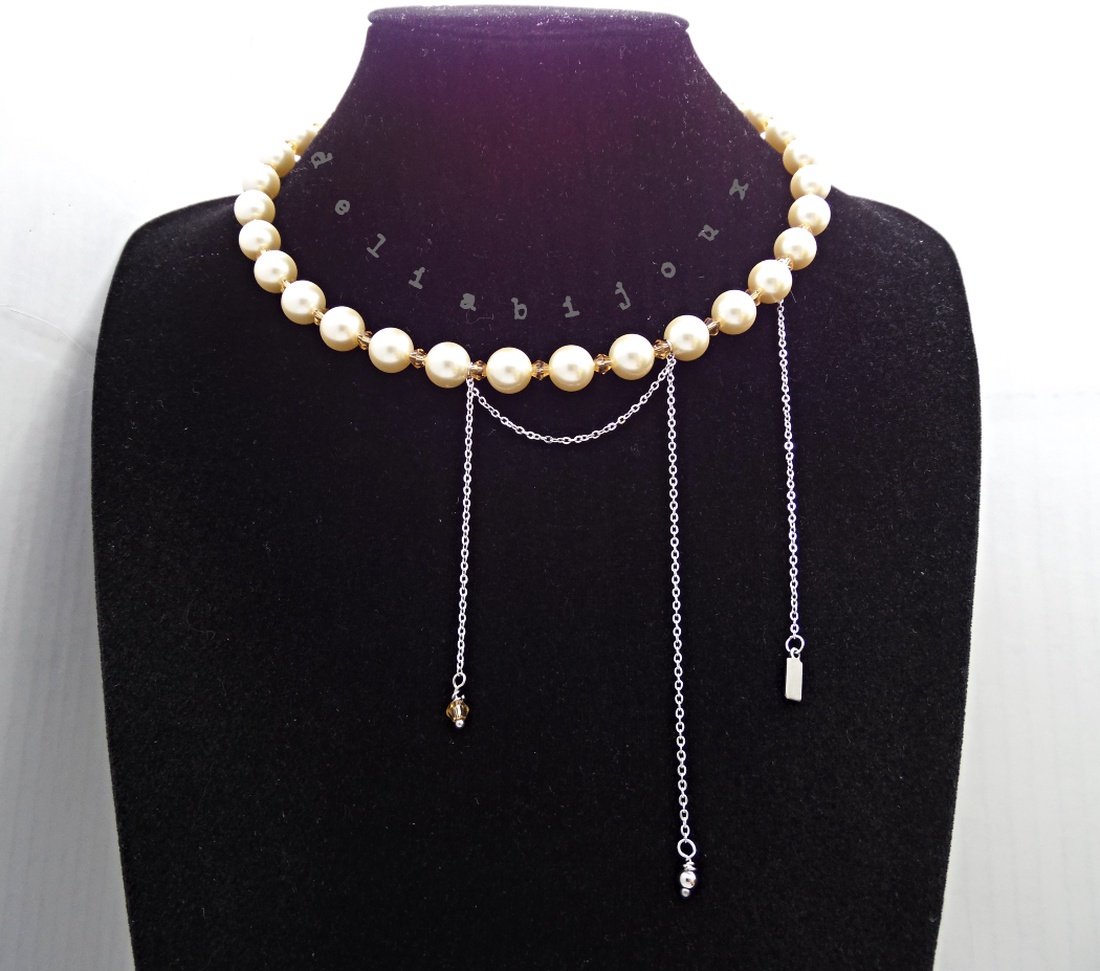 Colier elegant din perle Mallorca piersică cu lanț din inox bijuterie statement feminină (cod1426) - bijuterii - coliere - coliere din mărgele - Artynos.ro