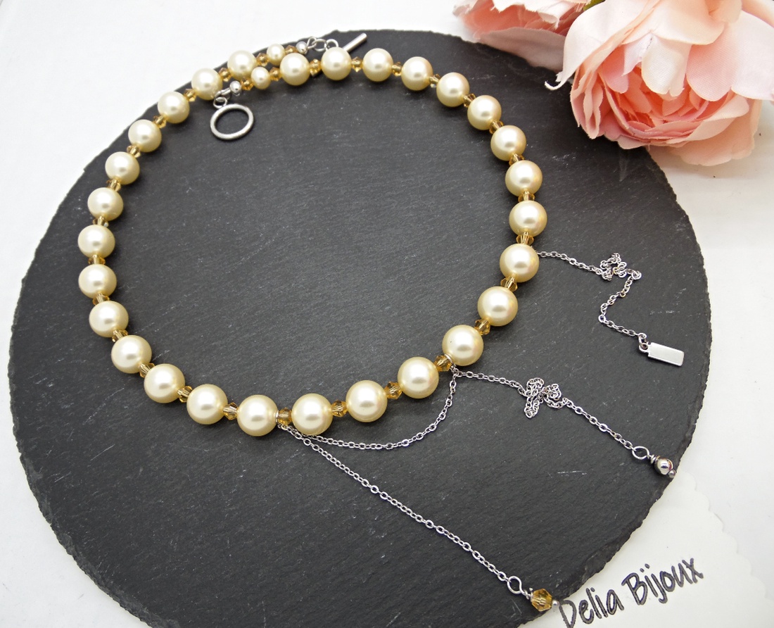 Colier elegant din perle Mallorca piersică cu lanț din inox bijuterie statement feminină (cod1426) - bijuterii - coliere - coliere din mărgele - Artynos.ro