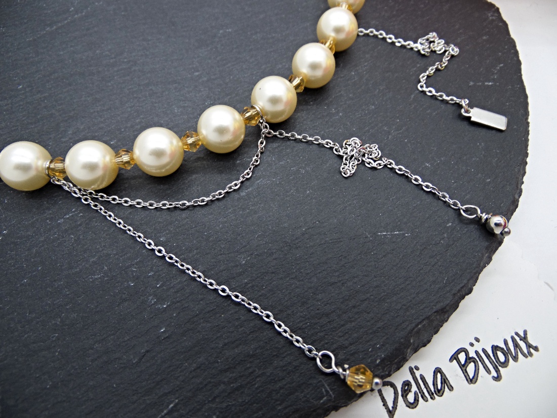 Colier elegant din perle Mallorca piersică cu lanț din inox bijuterie statement feminină (cod1426) - bijuterii - coliere - coliere din mărgele - Artynos.ro