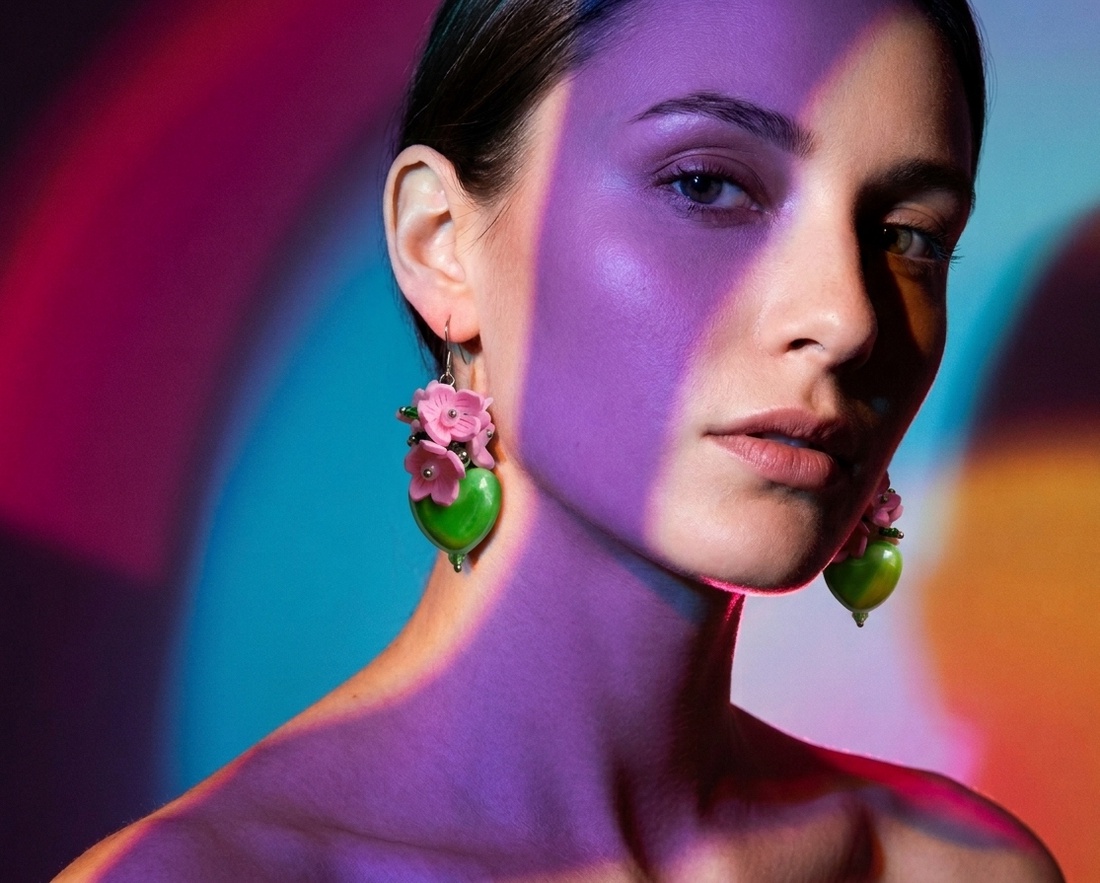 Cercei Sakura Bloom Heart Roz Delicat și Verde Vibrant (cod1428) - bijuterii - cercei - cercei din mărgele - Artynos.ro