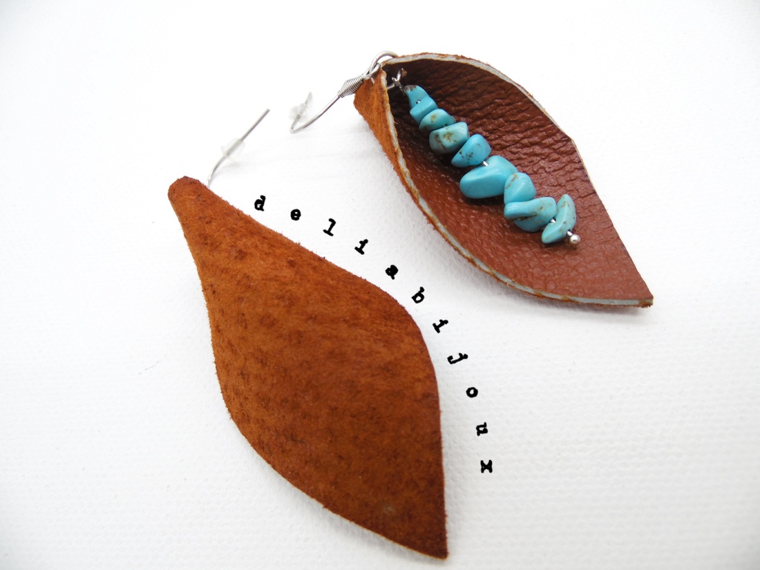 Cercei handmade statement - piele naturala, turcoaz (cod1039) - bijuterii - cercei - cercei din mărgele - Artynos.ro