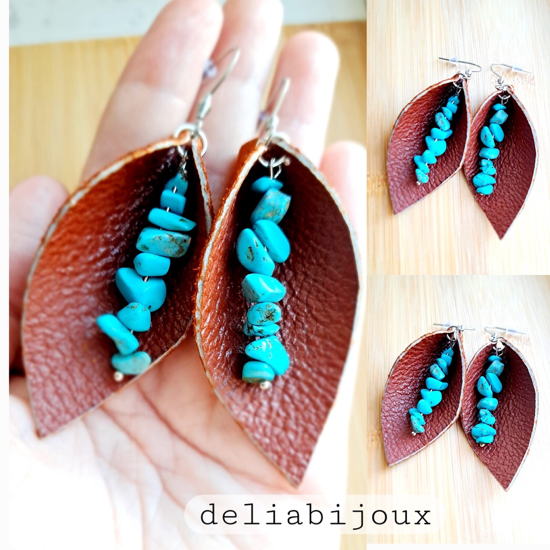 Cercei handmade statement - piele naturala, turcoaz (cod1039) - bijuterii - cercei - cercei din mărgele - Artynos.ro