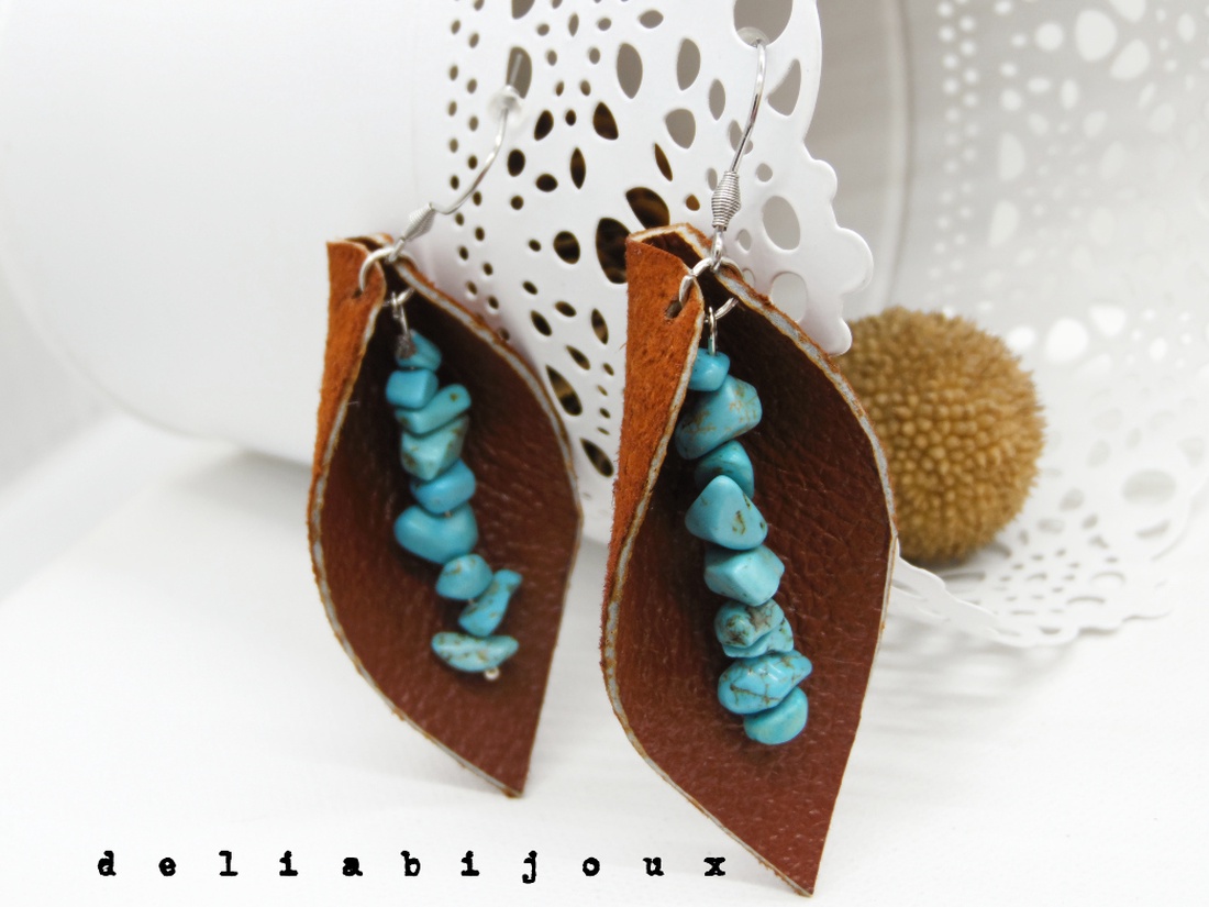 Cercei handmade statement - piele naturala, turcoaz (cod1039) - bijuterii - cercei - cercei din mărgele - Artynos.ro