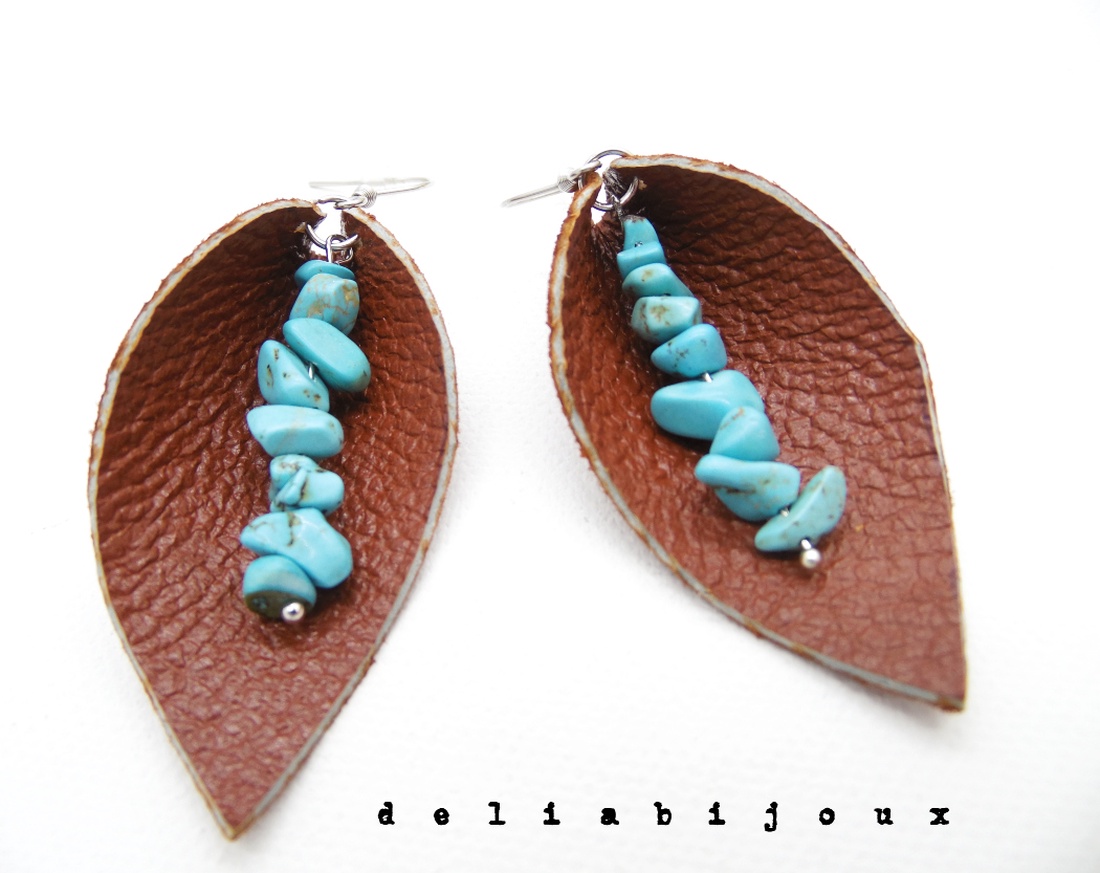 Cercei handmade statement - piele naturala, turcoaz (cod1039) - bijuterii - cercei - cercei din mărgele - Artynos.ro