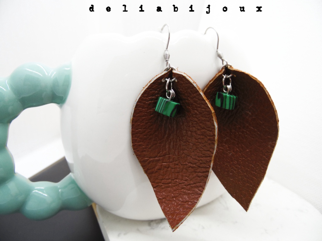 Cercei handmade statement - piele naturala, malachit (cod1040) - bijuterii - cercei - cercei din mărgele - Artynos.ro