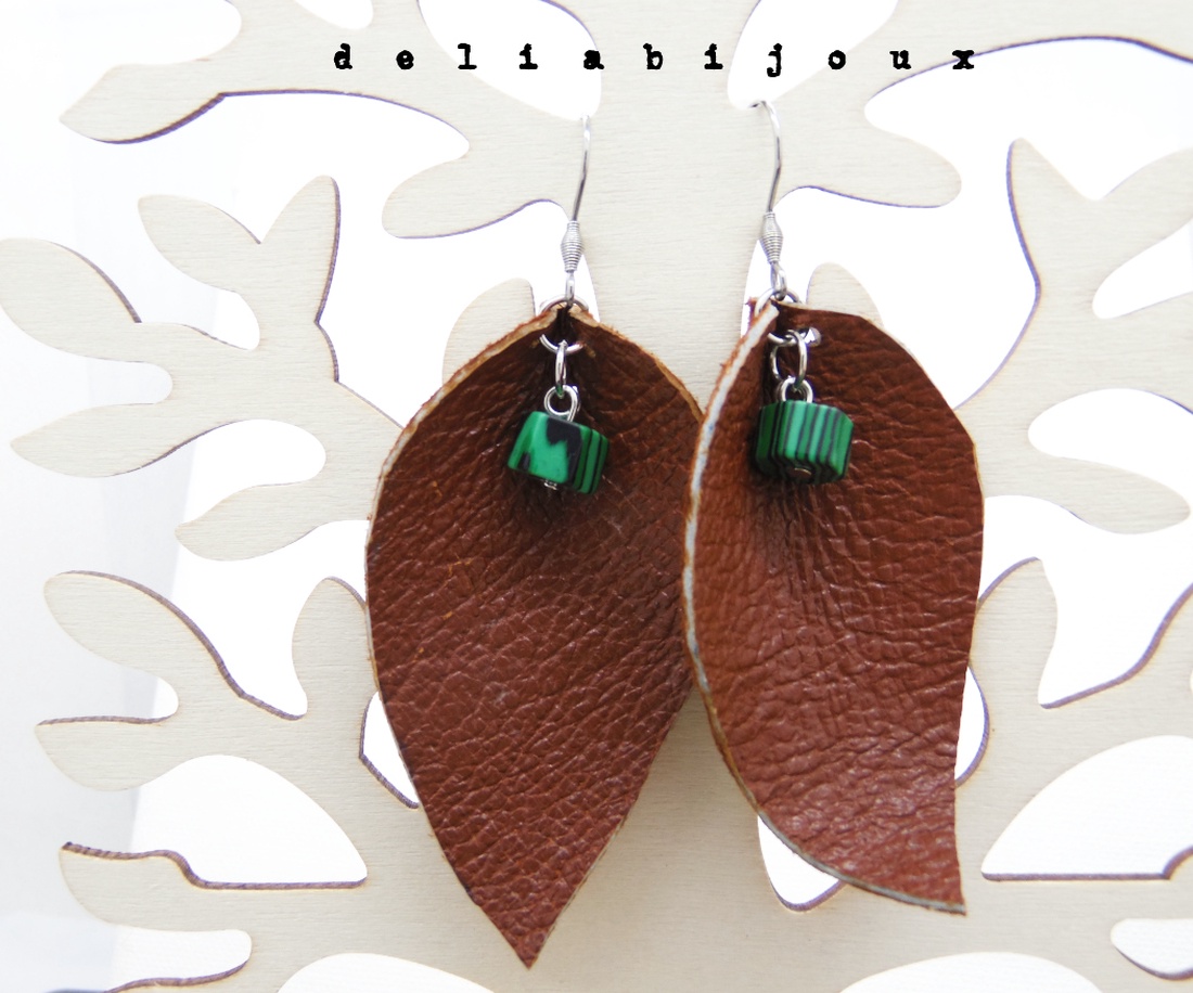 Cercei handmade statement - piele naturala, malachit (cod1040) - bijuterii - cercei - cercei din mărgele - Artynos.ro