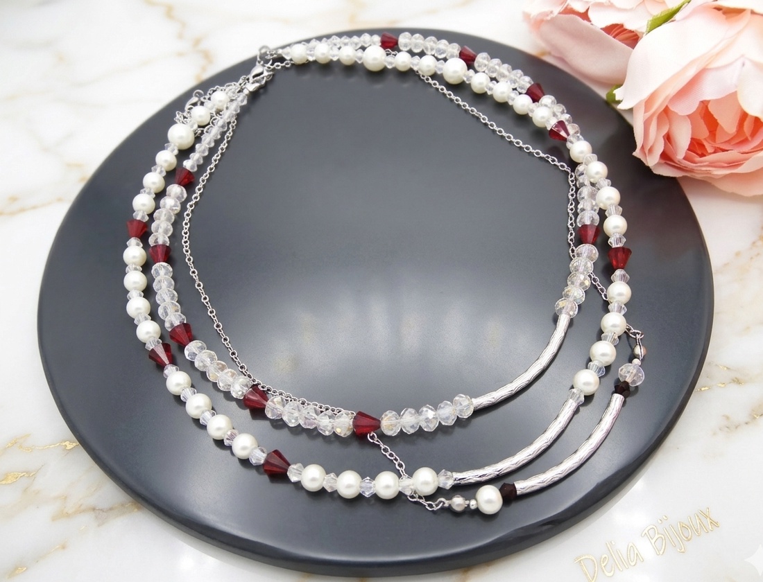 Set coliere multilayer din mărgele fațetate roșii și transparente si colier lanț inox separat (cod1430) - bijuterii - coliere - coliere cu pandative - Artynos.ro