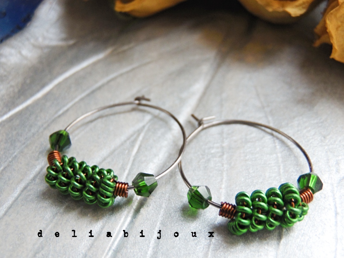 Cercei handmade hoop din cupru non-tarnish și aluminiu verde, pe bază din inox (cod1431) - bijuterii - cercei - cercei hoops - Artynos.ro