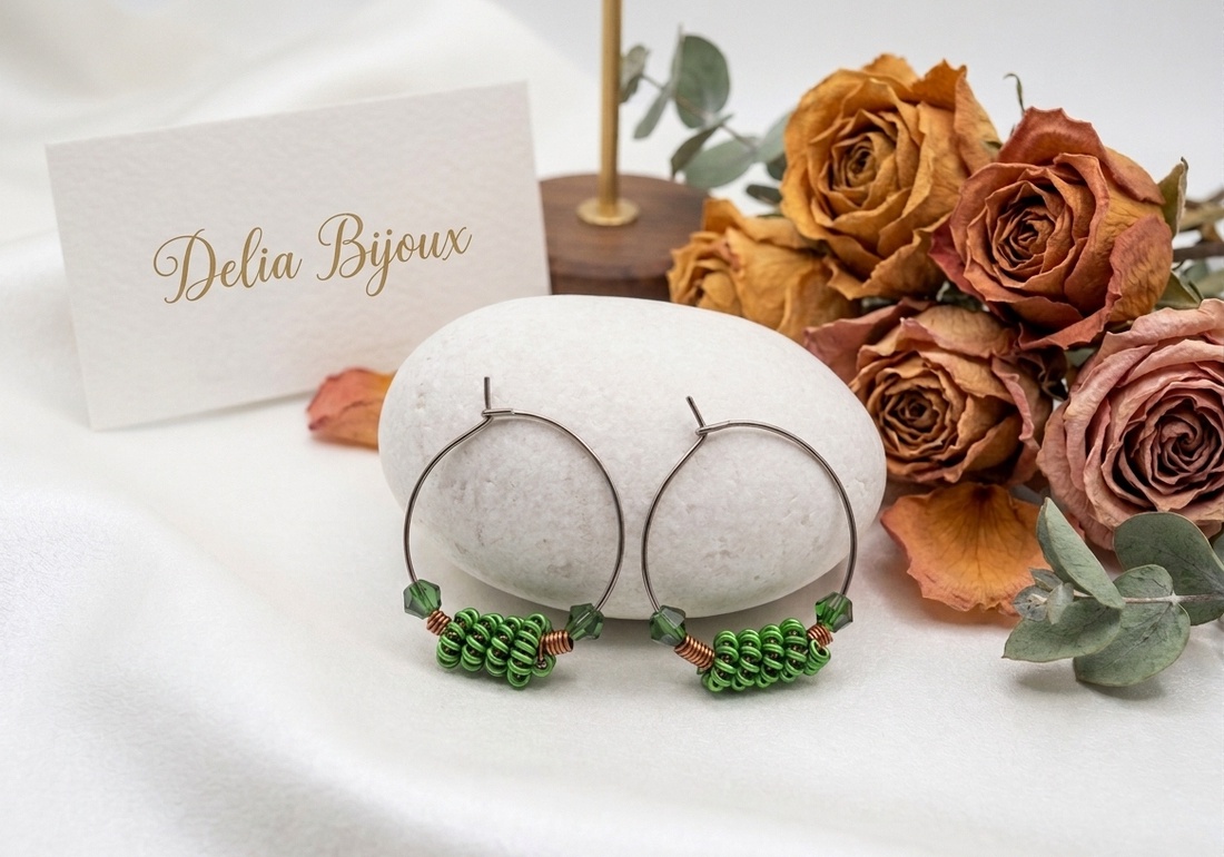 Cercei handmade hoop din cupru non-tarnish și aluminiu verde, pe bază din inox (cod1431) - bijuterii - cercei - cercei hoops - Artynos.ro
