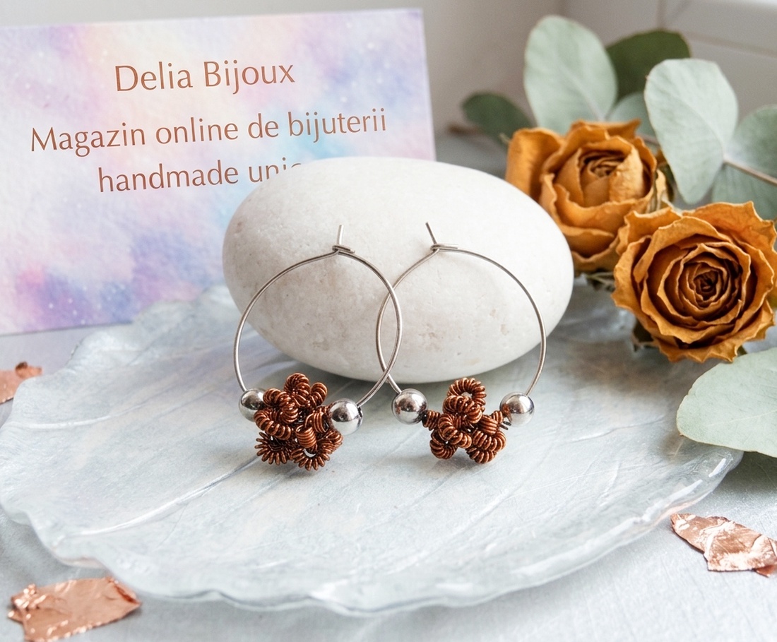 Cercei handmade tip hoop, eleganți și moderni, realizați manual din sârmă de cupru non-tarnish (cod1432) - bijuterii - cercei - cercei hoops - Artynos.ro