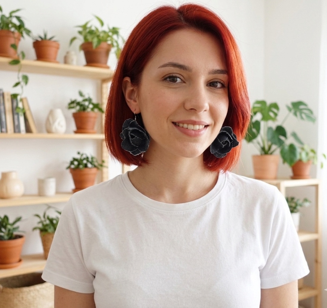 Cercei statement din blugi reciclat flori handmade (cod1429) - bijuterii - cercei - cercei lungi - Artynos.ro