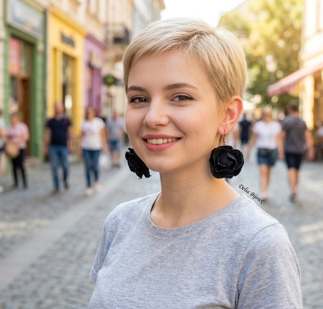 Cercei statement din blugi reciclați flori negre handmade (cod1437) - bijuterii - cercei - cercei lungi - Artynos.ro