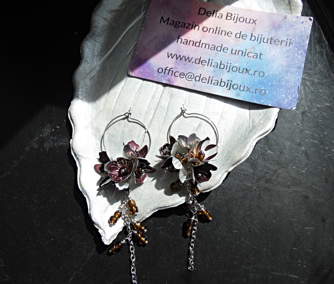 Cercei statement handmade unicat - doze aluminiu reciclate - transformați în buchețele de flori curgătoare (cod1438) - bijuterii - cercei - cercei lungi - Artynos.ro