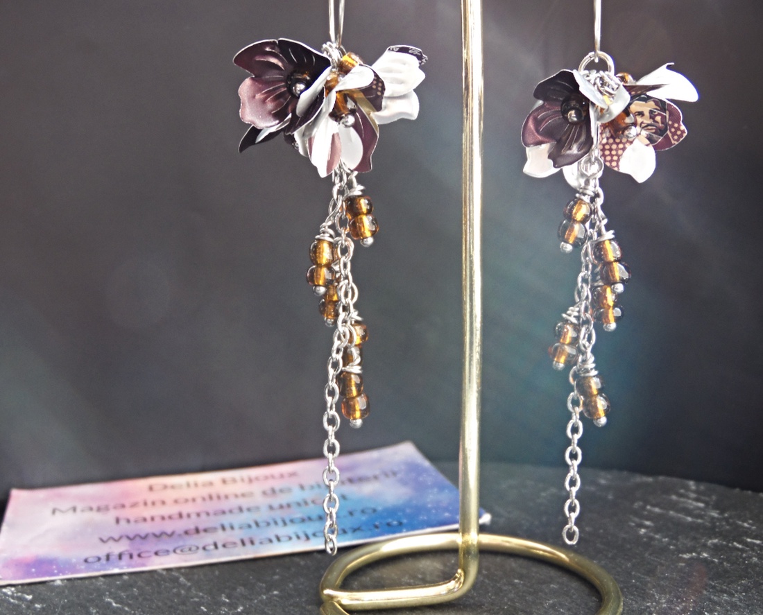 Cercei statement handmade unicat - doze aluminiu reciclate - transformați în buchețele de flori curgătoare (cod1438) - bijuterii - cercei - cercei lungi - Artynos.ro