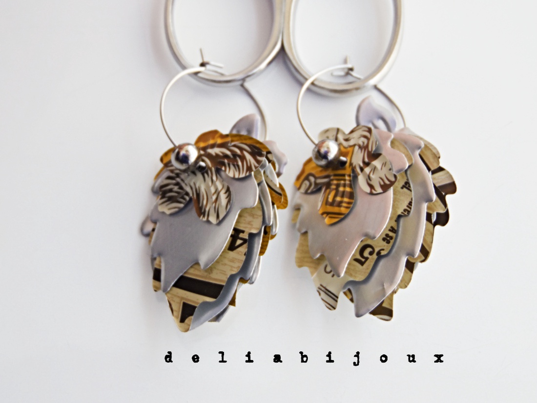 Cercei statement handmade unicat - doze aluminiu reciclate - frunze și flori suprapuse (cod1439) - bijuterii - cercei - cercei lungi - Artynos.ro