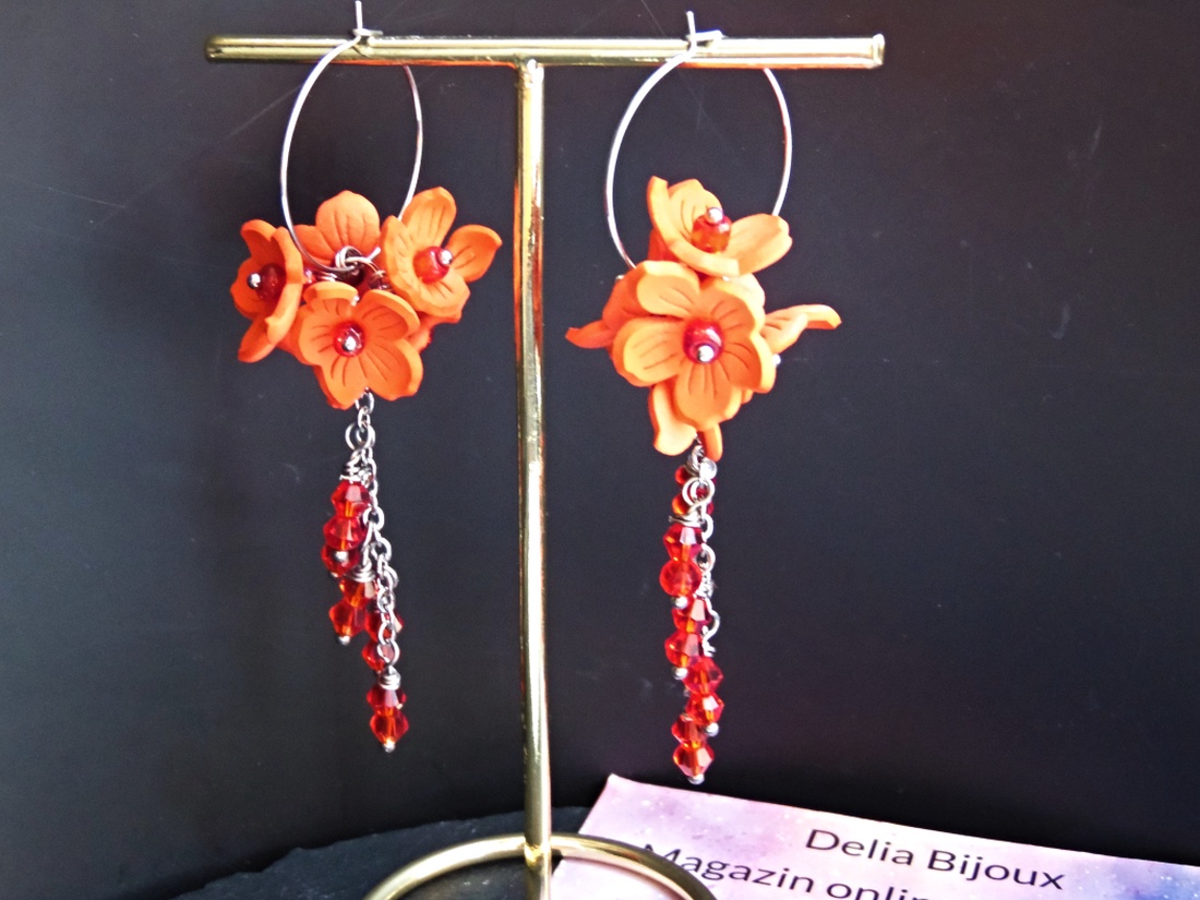 Cercei lungi handmade flori rosii din foamiran, lanț inox și cristale de sticlă cercei statement ușori (cod1441) - bijuterii - cercei - cercei lungi - Artynos.ro