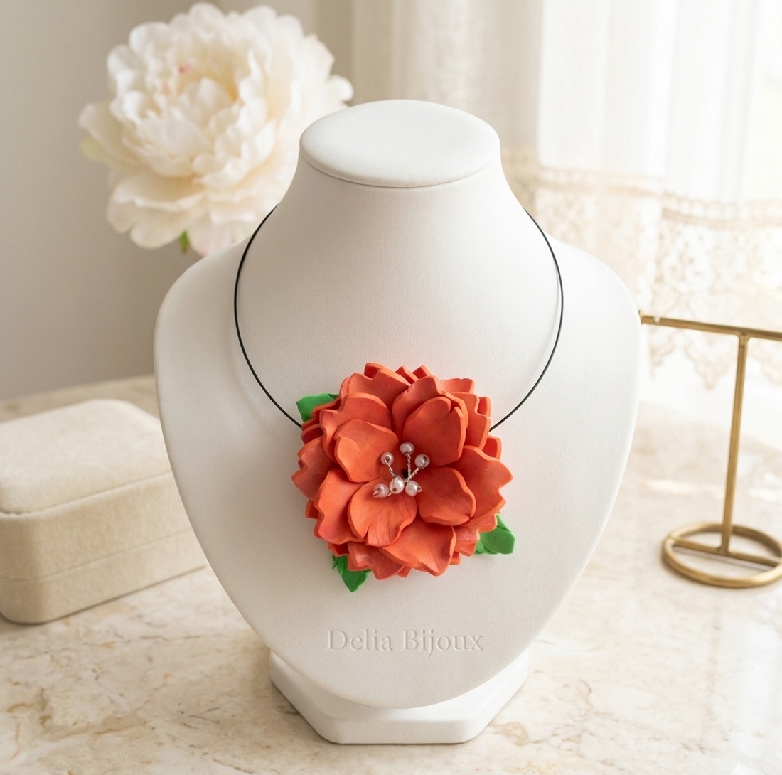 Colier handmade statement unicat -floral - foamiran (cod964) - bijuterii - coliere - coliere cu pandative - Artynos.ro