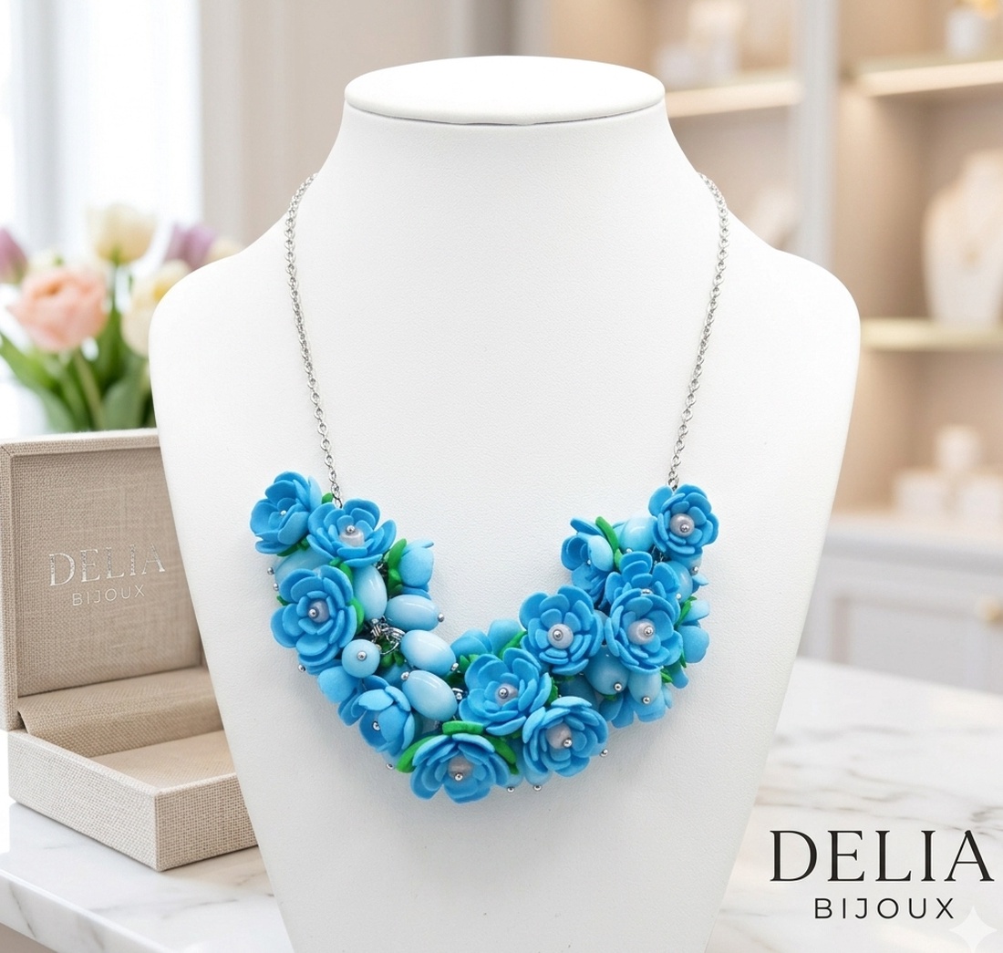 Colier handmade statement cu flori bleu - buchet floral pe lanț din inox (cod1377) - bijuterii - coliere - coliere din mărgele - Artynos.ro
