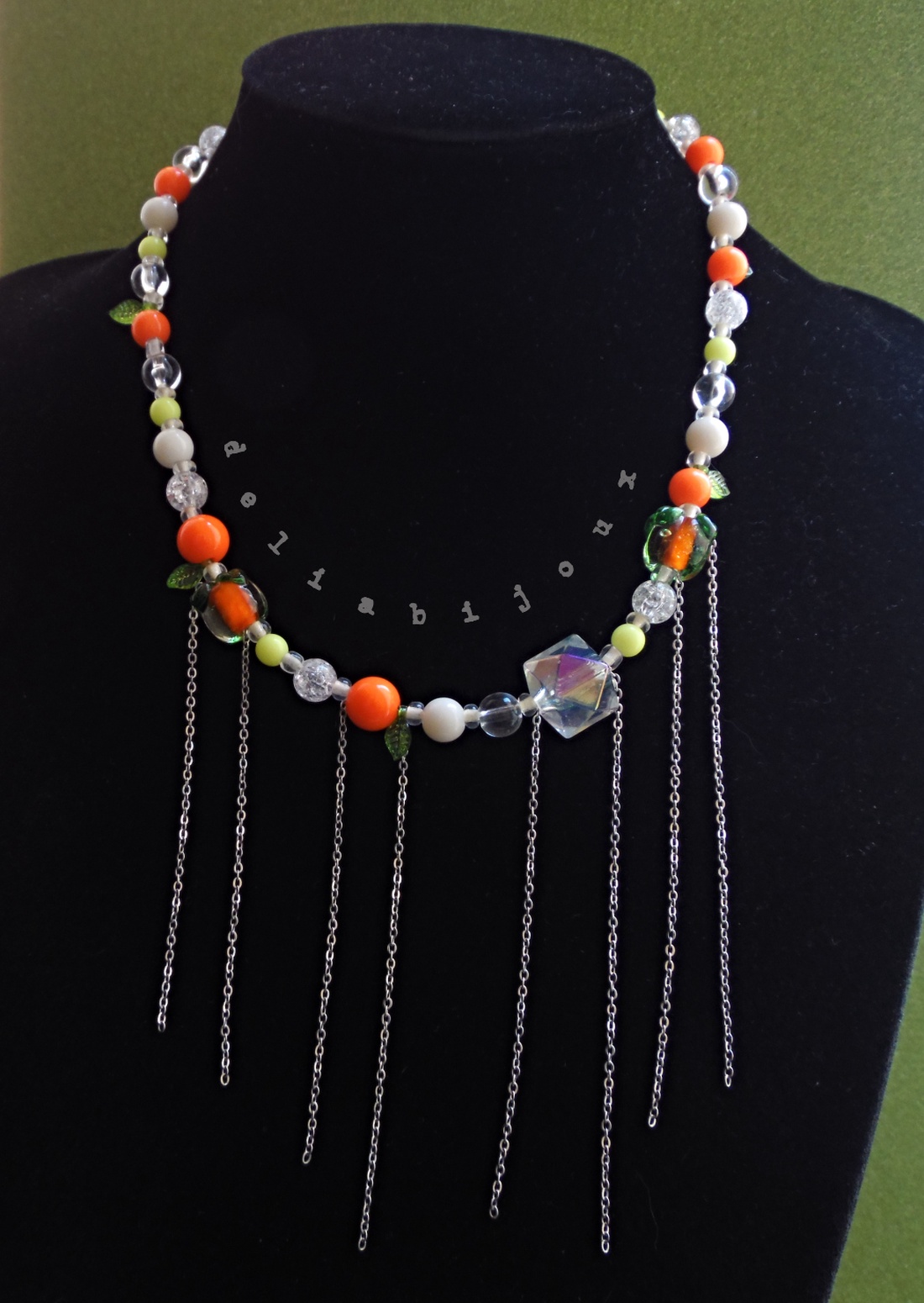 Colier handmade cu portocale, mărgele de sticlă și oțel inoxidabil bijuterie unicat veselă și colorată (cod1444) - bijuterii - coliere - coliere din mărgele - Artynos.ro