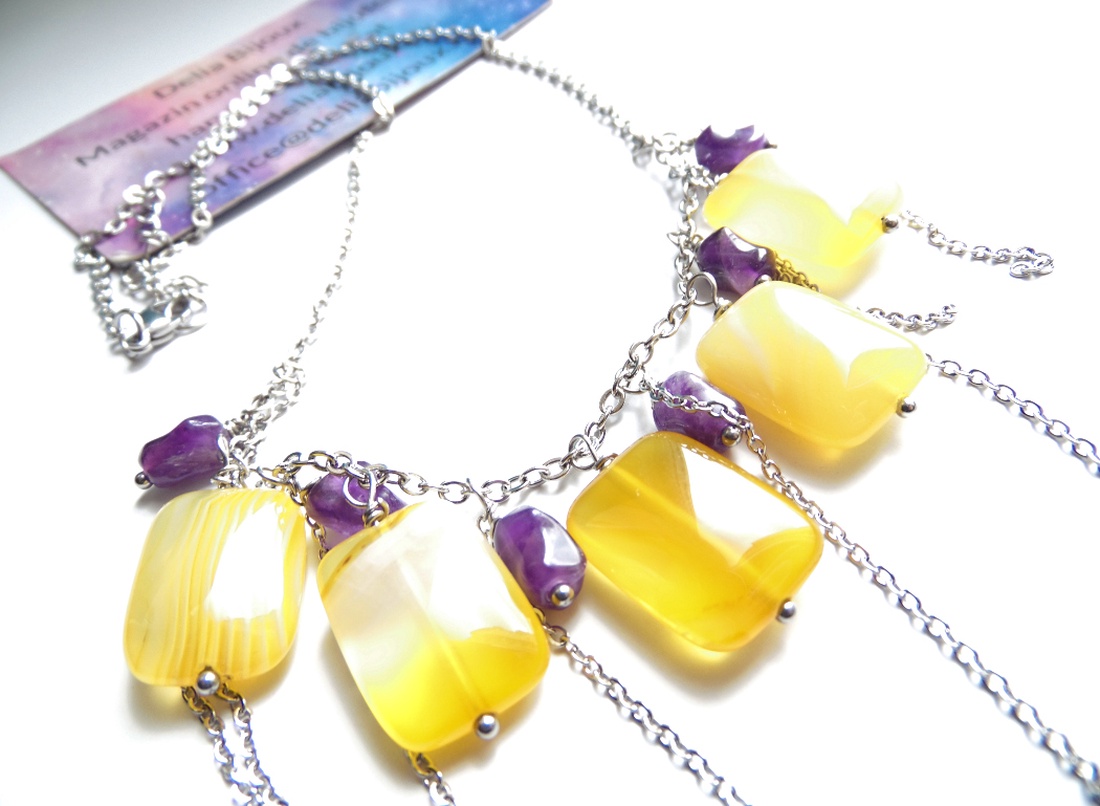 Colier Handmade cu Agate Galbene și Ametist Natural Colier Statement din Inox cu Pietre Semiprețioase (cod1445) - bijuterii - coliere - coliere din pietre semiprețioase - Artynos.ro