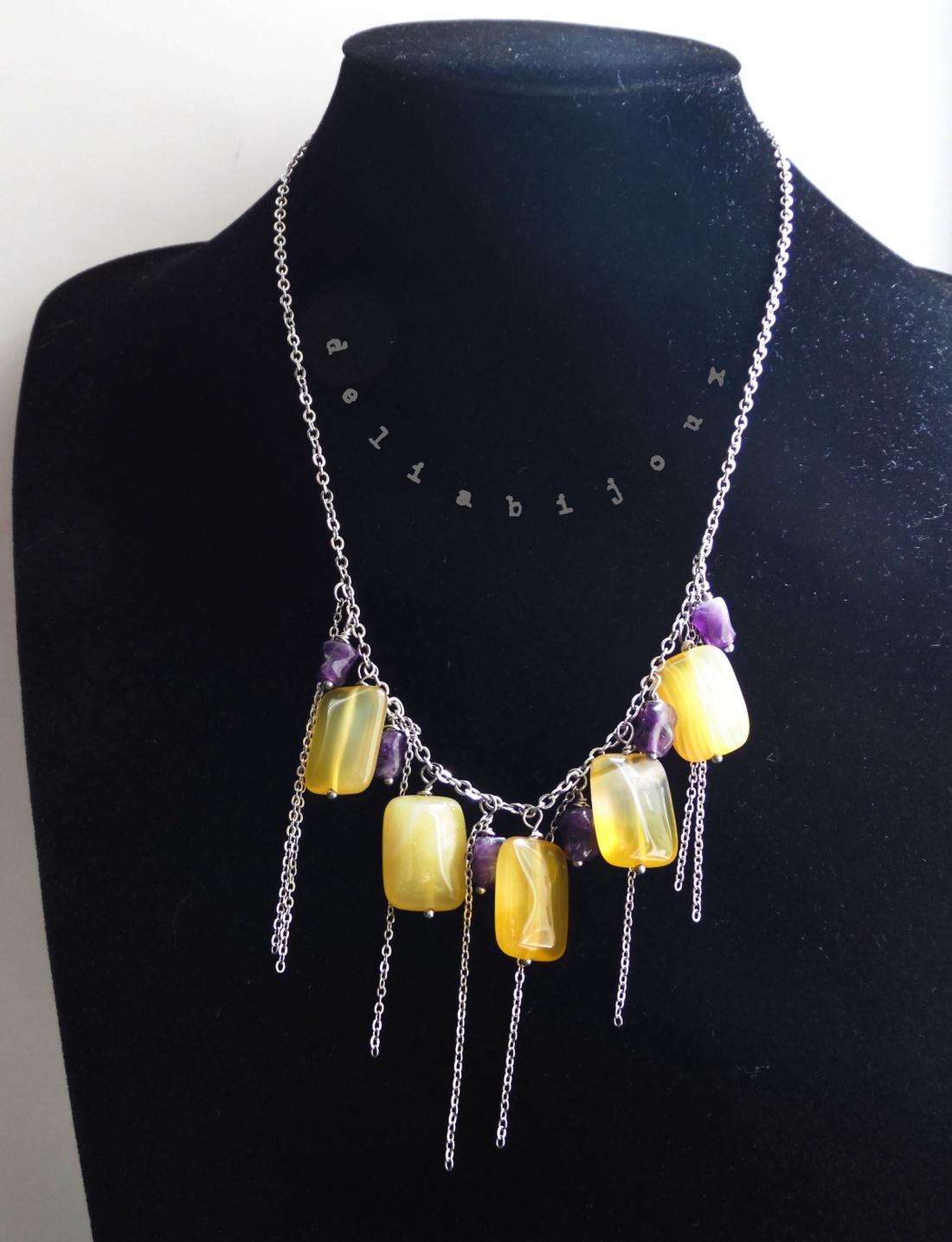Colier Handmade cu Agate Galbene și Ametist Natural Colier Statement din Inox cu Pietre Semiprețioase (cod1445) - bijuterii - coliere - coliere din pietre semiprețioase - Artynos.ro
