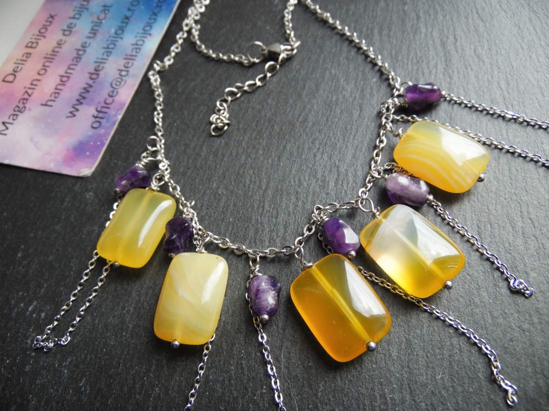 Colier Handmade cu Agate Galbene și Ametist Natural Colier Statement din Inox cu Pietre Semiprețioase (cod1445) - bijuterii - coliere - coliere din pietre semiprețioase - Artynos.ro